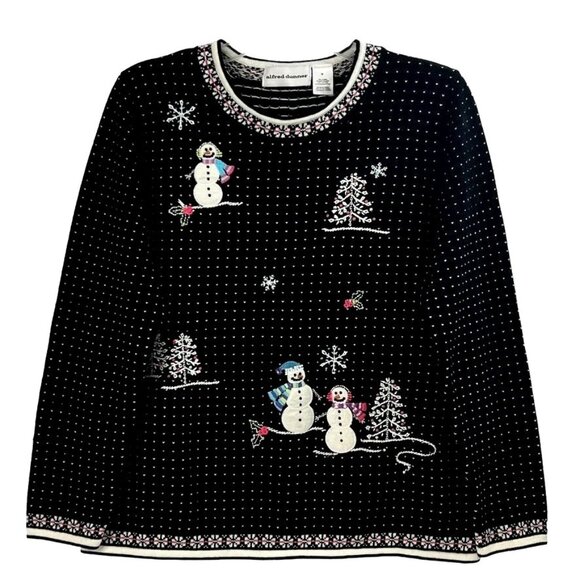 Vintage Alfred Dunner Ugly Sweater Christmas Sz M Snowmen Pullover Black - Picture 1 of 11